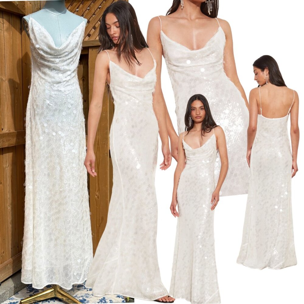 🆕 RAT & BOA 🧿 NWOT Evangeline Ivory Glistening Paillettes & Sequins Dress Sz L